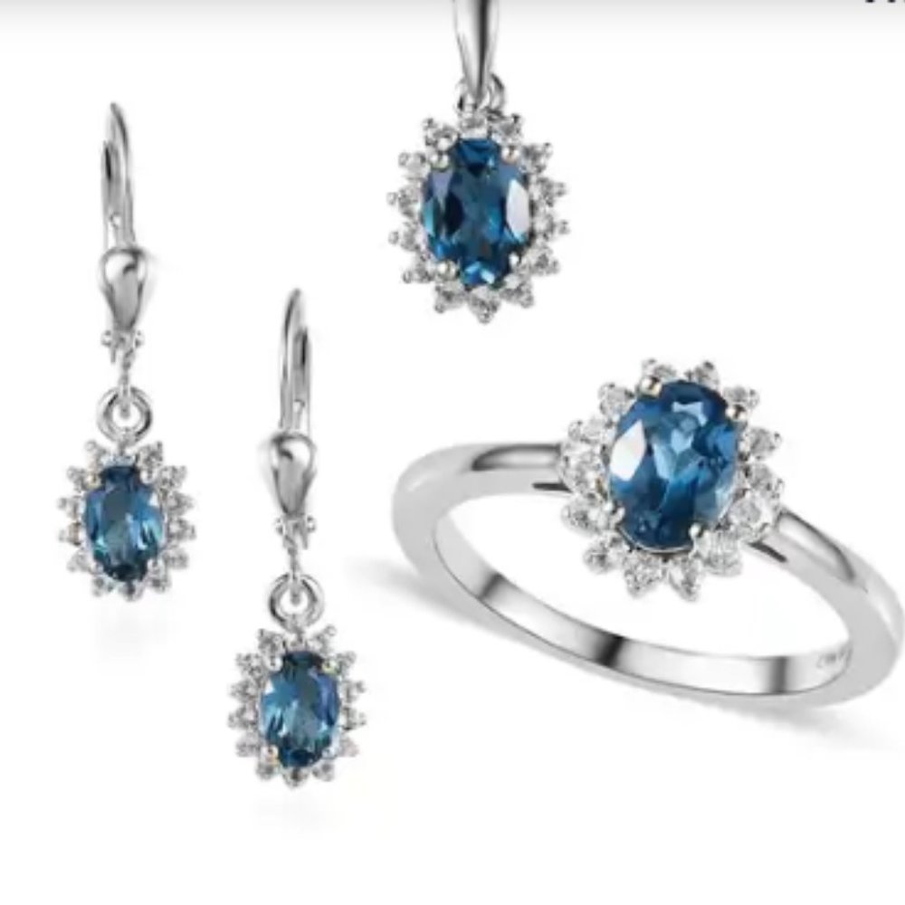 London Blue Topaz, White Topaz Halo Ring/Necklace/Earrings